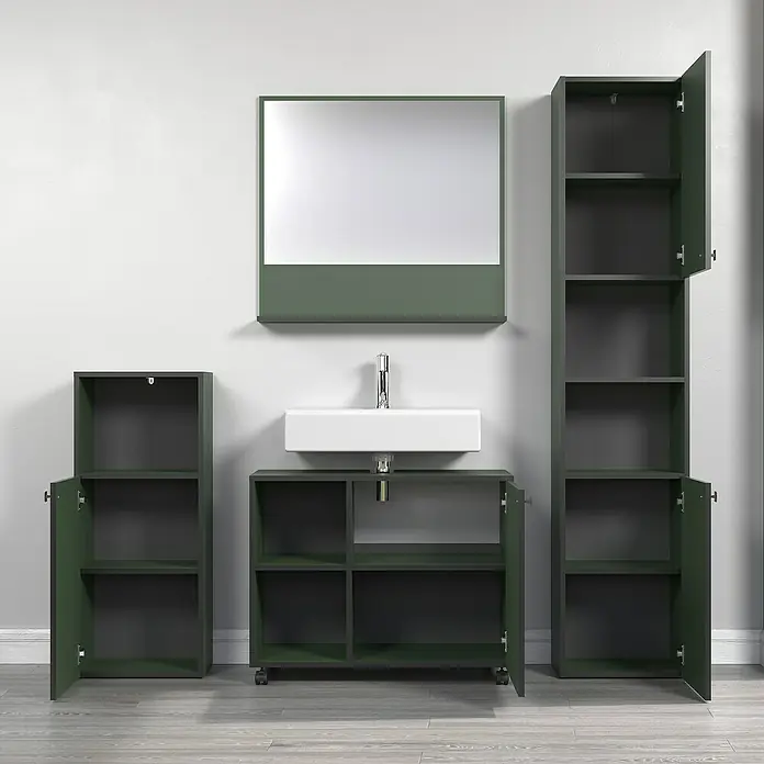 Trendteam Niklas Midischrank - B x T x H: 40 x 31 x 95 cm, Grün, Strukturiert - Modernes Badezimmer-Set in Olivgrün mit Waschbecken, Spiegelschrank und passenden Schränken für ein stilvolles Ambiente.