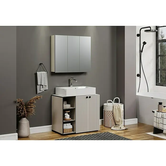 Trendteam Niklas Badmöbel-Set - 90 cm, Kashmir, Strukturiert, Breite Waschbecken: 60 cm - Modernes Badezimmer mit einem stilvollen Waschtisch mit Stauraum und einem passenden Spiegelschrank.