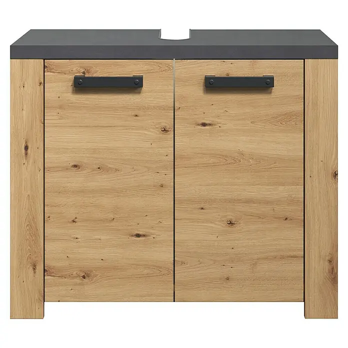 Trendteam Follow Waschtischunterschrank - B x T x H: 79 x 35 x 67 cm, Artisan Eiche, Matt - Hölzerner Waschtischunterschrank mit zwei Türen und dunklen Griffen, mit einer dunkelgrauen Arbeitsplatte.