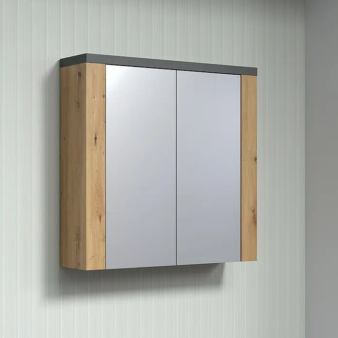 Trendteam Follow Spiegelschrank - B x H: 79 x 78 cm, Artisan Eiche - Ein moderner Spiegelschrank mit Holzrahmen und grauer Oberseite, der an einer Wand mit Streifentapete hängt.