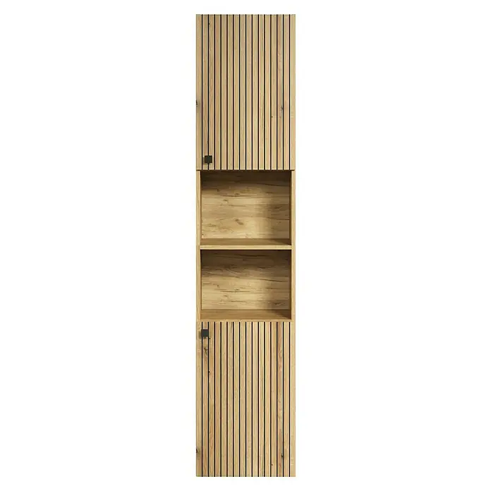 Trendteam Niklas Hochschrank - B x T x H: 40 x 31 x 186 cm, Evoke Eiche, Strukturiert - Heller Holzschrank mit Lamellenpaneelen, zwei offenen Fächern und schwarzen Griffen.
