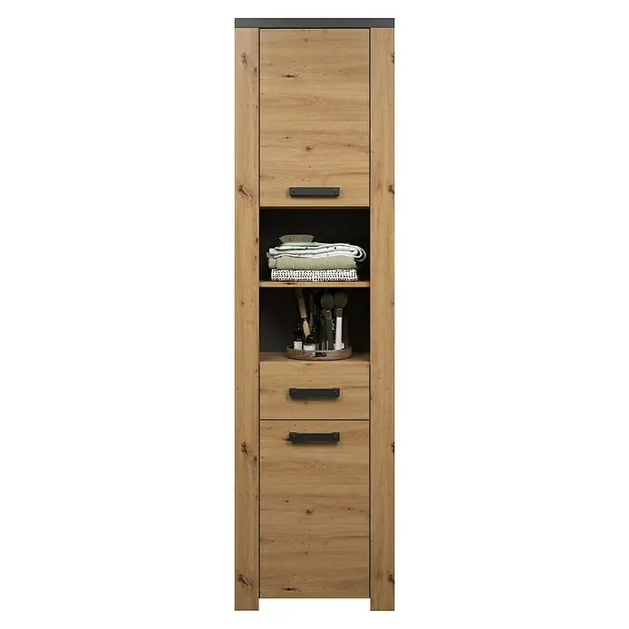 Trendteam Follow Hochschrank - B x T x H: 53 x 35 x 196 cm, Artisan Eiche, Matt - Schmaler Schrank in Eichenoptik mit dunkelgrauen Griffen, offenen Fächern und zwei Türen.