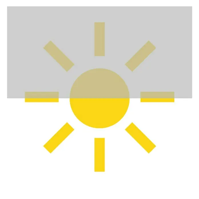 Estor enrollable Roll-up Scandi - An x Al: 100 x 250 cm, Piedra arenisca, Unicolor - Gráfico de un sol parcialmente oculto por un rectángulo gris, lo que sugiere atenuación o cobertura de nubes.