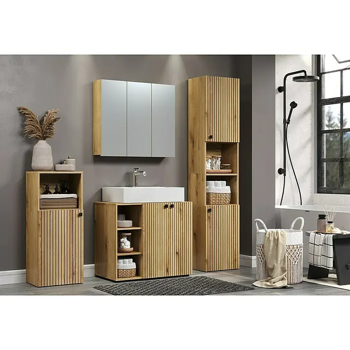 Trendteam Niklas Spiegelschrank - B x H: 90 x 80 cm, Evoke Eiche - Badezimmer-Interieur mit Waschtischunterschrank, Spiegelschrank und Hochschrank in Holzoptik. Die moderne Badmöbelkombination bietet viel Stauraum.