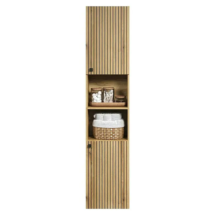 Trendteam Niklas Hochschrank - B x T x H: 40 x 31 x 186 cm, Evoke Eiche, Strukturiert - Hoher Badezimmerschrank aus hellem Holz mit Lamellentüren und offenen Fächern. Darin sind Wattepads, Wattestäbchen und Handtücher.