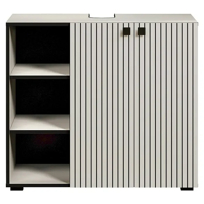 Trendteam Niklas Waschtischunterschrank - B x T x H: 90 x 53 x 79 cm, Kashmir, Strukturiert - Weißer Schrank mit schwarzen vertikalen Lamellen, drei offenen Fächern links und zwei schwarzen quadratischen Griffen rechts.