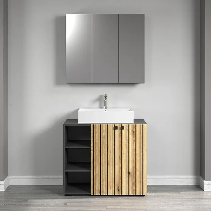 Trendteam Niklas Spiegelschrank - B x H: 90 x 80 cm, Anthrazit - Badezimmermöbel-Set mit Waschbecken, Unterschrank mit Regalen und Spiegelschrank in Grau und Holzoptik für ein stilvolles Bad.