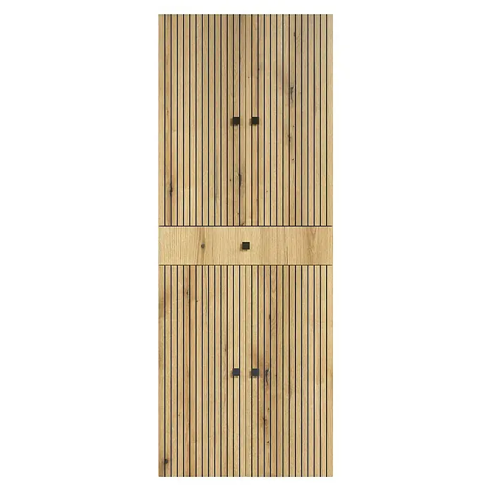 Trendteam Niklas Hochschrank - B x T x H: 70 x 31 x 186 cm, Evoke Eiche, Strukturiert, Mit Schublade - Heller Holzschrank mit vertikaler Lamellenoptik, dunklen quadratischen Griffen und einer zentralen horizontalen Leiste.