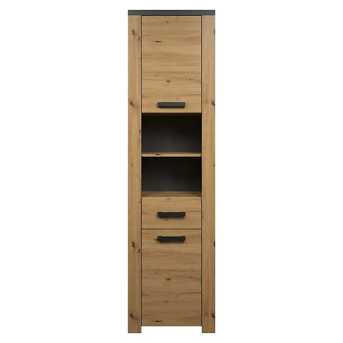 Trendteam Follow Hochschrank - B x T x H: 53 x 35 x 196 cm, Artisan Eiche, Matt - Hoher Schrank in heller Holzoptik mit dunkelgrauer Platte, drei geschlossenen Fächern mit schwarzen Griffen und zwei offenen Regalfächern mit dunkelgrauer Rückwand.