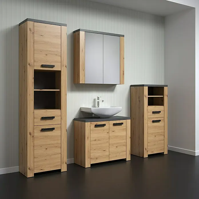 Trendteam Follow Spiegelschrank - B x H: 79 x 78 cm, Artisan Eiche - Badezimmermöbel-Set in Holzoptik mit dunklen Akzenten und modernem Waschbecken. Die Schränke bieten Stauraum und Ablageflächen.