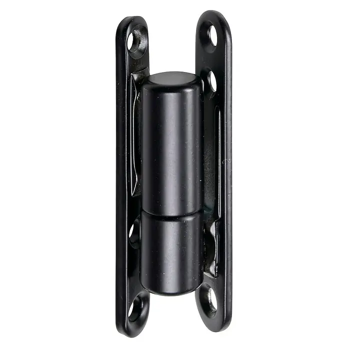 Hettich Türband Renovierband Ö-Norm - Ø x L: 15 x 83,5 mm, Traglast: 40 kg, Pulverbeschichtet, Schwarz - Ein detailliertes Bild eines schwarzen Türbandes, das die robuste Konstruktion und die Befestigungspunkte hervorhebt.