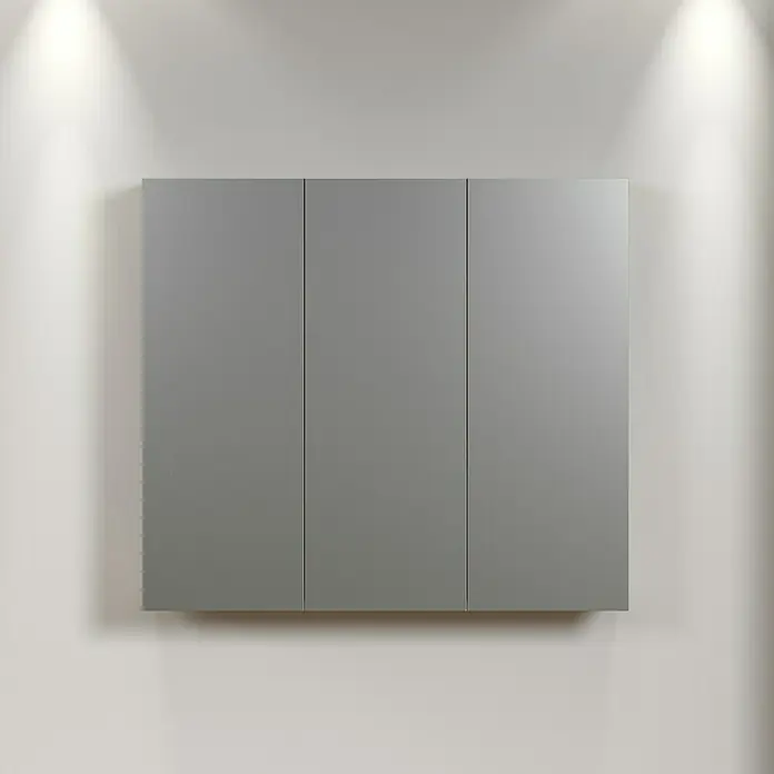 Trendteam Niklas Spiegelschrank - B x H: 90 x 80 cm, Anthrazit - Grauer dreitüriger Spiegelschrank an einer weißen Wand mit indirekter Beleuchtung. Praktische Badmöbel mit viel Stauraum.