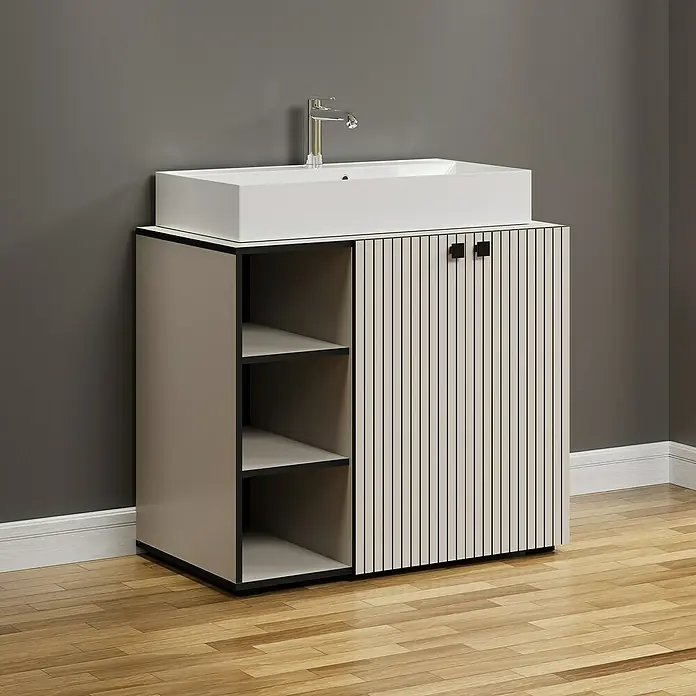 Trendteam Niklas Badmöbel-Set - 90 cm, Kashmir, Strukturiert, Breite Waschbecken: 80 cm - Modernes Badezimmer-Waschbecken mit offenem Regal und gerippten Schranktüren für stilvolle Aufbewahrungslösungen.