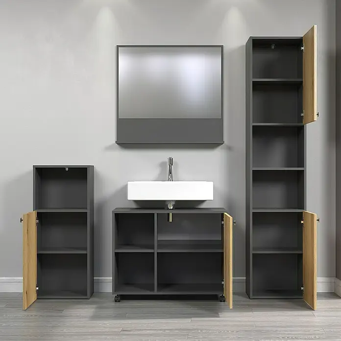 Trendteam Niklas Midischrank - B x T x H: 40 x 31 x 95 cm, Evoke Eiche/Anthrazit, Strukturiert - Badezimmer-Set mit grauem Waschtisch, Spiegel und passenden Schränken mit offenen Holztüren für ein modernes Ambiente.