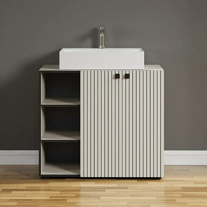 Trendteam Niklas Badmöbel-Set - 90 cm, Kashmir, Strukturiert, Breite Waschbecken: 60 cm - Badezimmermöbel mit modernem Waschtisch und stilvollem Unterschrank mit Lamellenfront und offenen Regalen.
