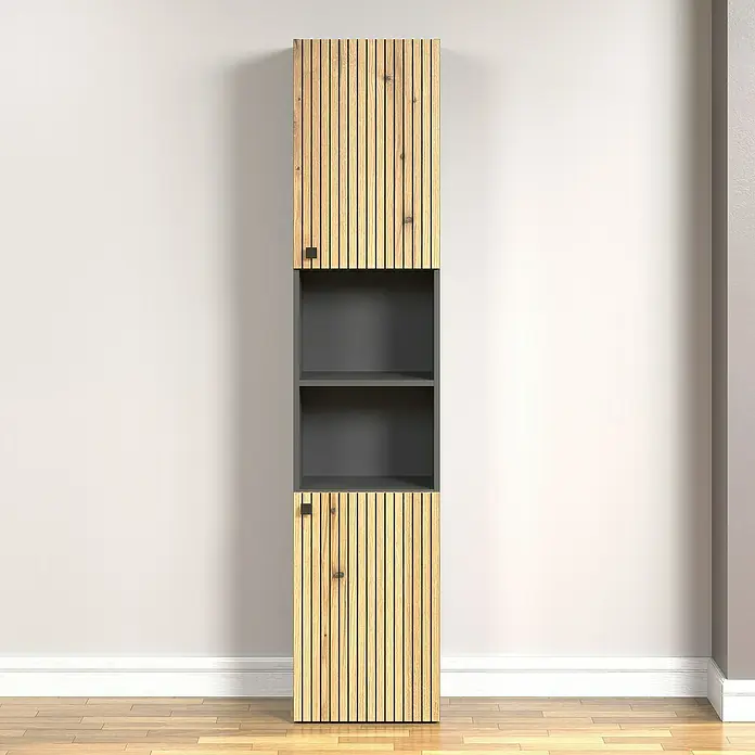 Trendteam Niklas Hochschrank - B x T x H: 40 x 31 x 186 cm, Evoke Eiche/Anthrazit, Strukturiert - Schmaler, hoher Schrank mit Holzlamellenfront und offenen Regalen in Grau, der Stauraum und modernes Design vereint.
