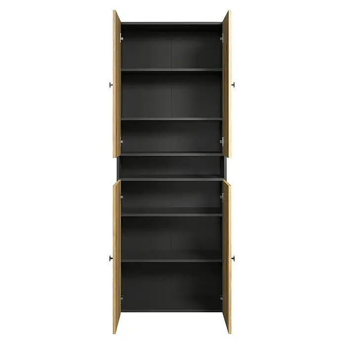 Trendteam Niklas Hochschrank - B x T x H: 70 x 31 x 186 cm, Evoke Eiche/Anthrazit, Strukturiert, Mit offenem Fach - Offener zweigeteilter Schrank mit hellen Holztüren und dunkelgrauen Regalböden.