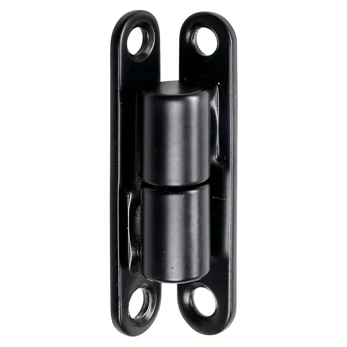 Hettich Türband Renovierband Ö-Norm - Ø x L: 13 x 70 mm, Traglast: 30 kg, Pulverbeschichtet, Schwarz - Nahaufnahme eines schwarzen Türbandes mit abgerundeten Ecken und Schraubenlöchern zur Befestigung. Das Band ist glänzend und robust.