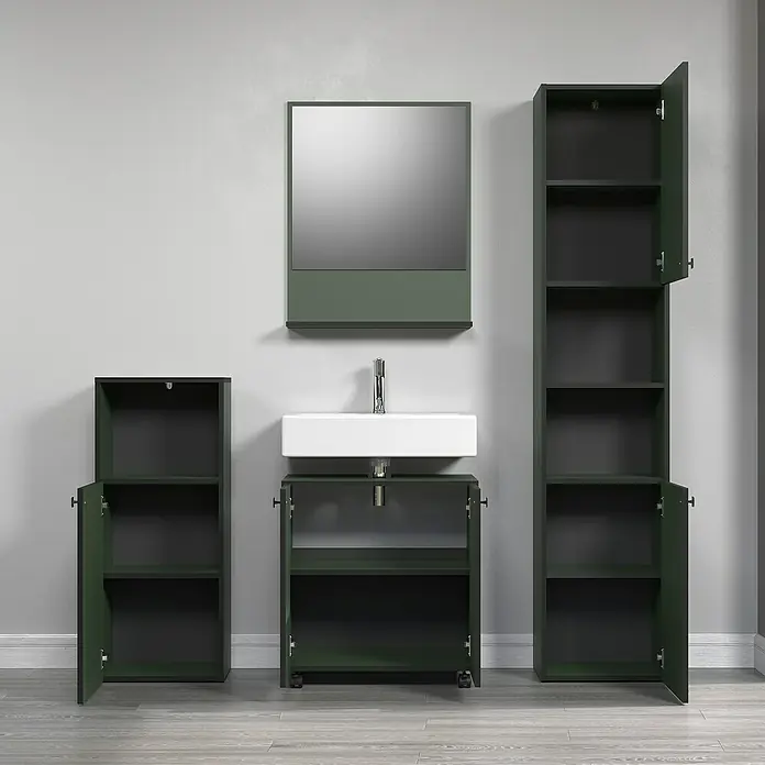 Trendteam Niklas Hochschrank - B x T x H: 40 x 31 x 186 cm, Grün, Strukturiert - Ein Badezimmer-Ensemble in Waldgrün mit einem Unterschrank, einem Spiegel und einem Hochschrank, alle mit offenen Türen für Stauraum.