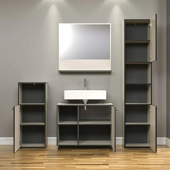 Trendteam Niklas Midischrank - B x T x H: 40 x 31 x 95 cm, Kashmir, Strukturiert - Badezimmermöbel-Set mit Waschbecken, Spiegel und Schränken in modernem Design. Die offenen Türen geben den Blick auf die Regale frei.