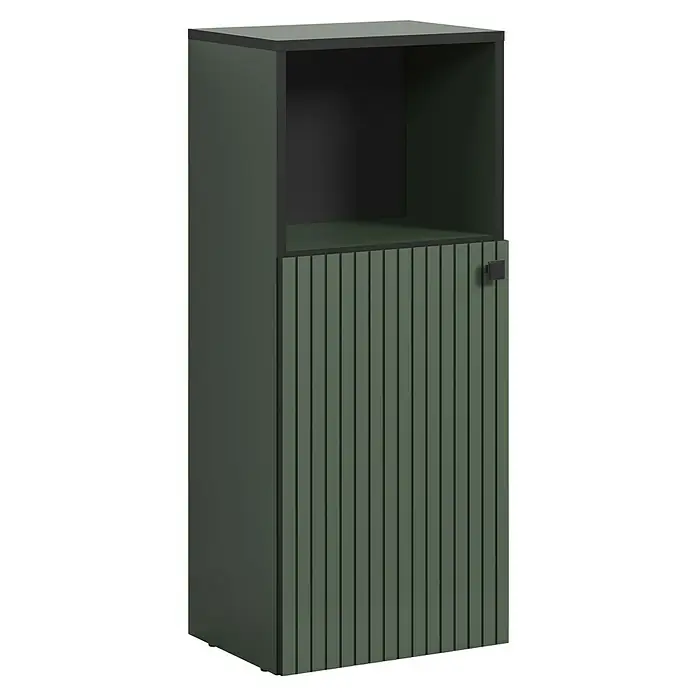 Trendteam Niklas Midischrank - B x T x H: 40 x 31 x 95 cm, Grün, Strukturiert - Dunkelgrüner Aufbewahrungsschrank mit offenem Fach oben und geriffelter Tür mit schwarzem Griff.