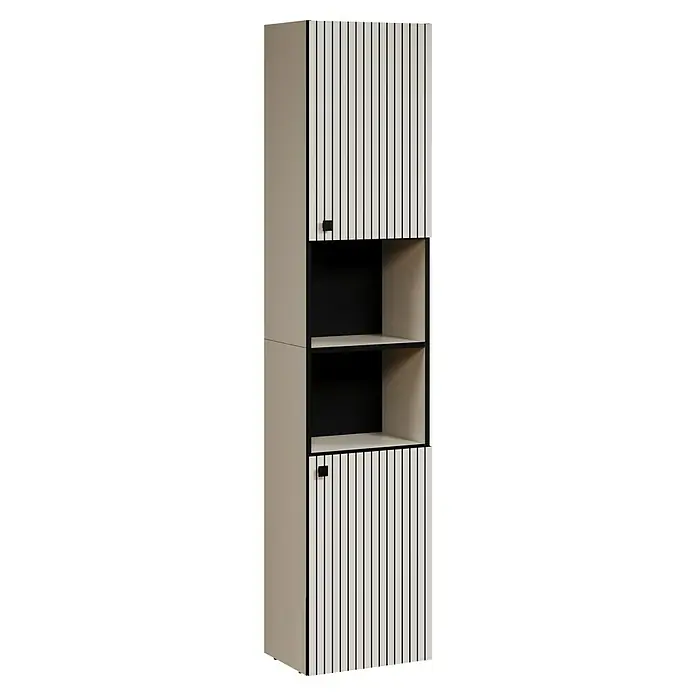 Trendteam Niklas Hochschrank - B x T x H: 40 x 31 x 186 cm, Kashmir, Strukturiert - Hoher beiger Schrank mit vertikal gestreiften Türen, offenem Fach mit schwarzer Rückwand und schwarzen Griffen.