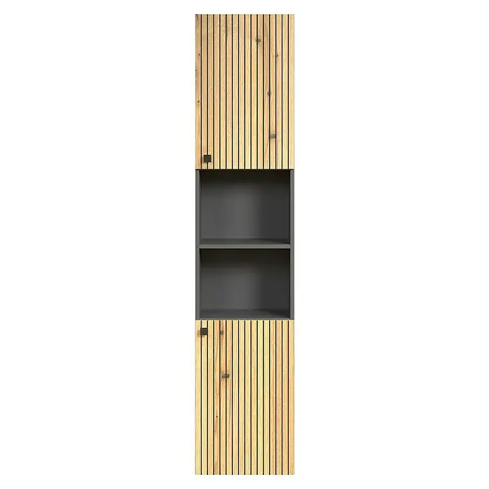 Trendteam Niklas Hochschrank - B x T x H: 40 x 31 x 186 cm, Evoke Eiche/Anthrazit, Strukturiert - Schrank mit hellen Holzlamellentüren und dunkelgrauen offenen Regalen. Mit schwarzen quadratischen Griffen.