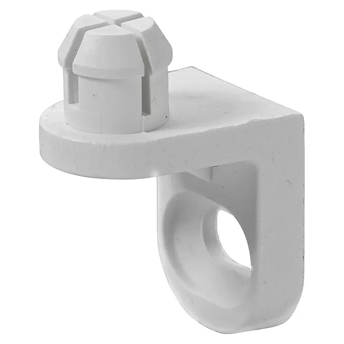 Hettich Rückwandverbinder - L x B: 24 x 22 mm, Kunststoff - Nahaufnahme einer weißen Regalhalterung aus Kunststoff mit einem markanten, kreuzförmigen Befestigungselement und einer Schlaufenhalterung.