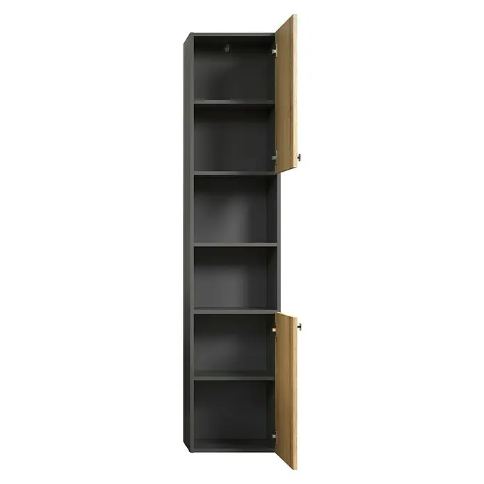 Trendteam Niklas Hochschrank - B x T x H: 40 x 31 x 186 cm, Evoke Eiche/Anthrazit, Strukturiert - Dunkelgrauer Schrank mit mehreren Regalböden, zwei hellen Holztüren geöffnet.