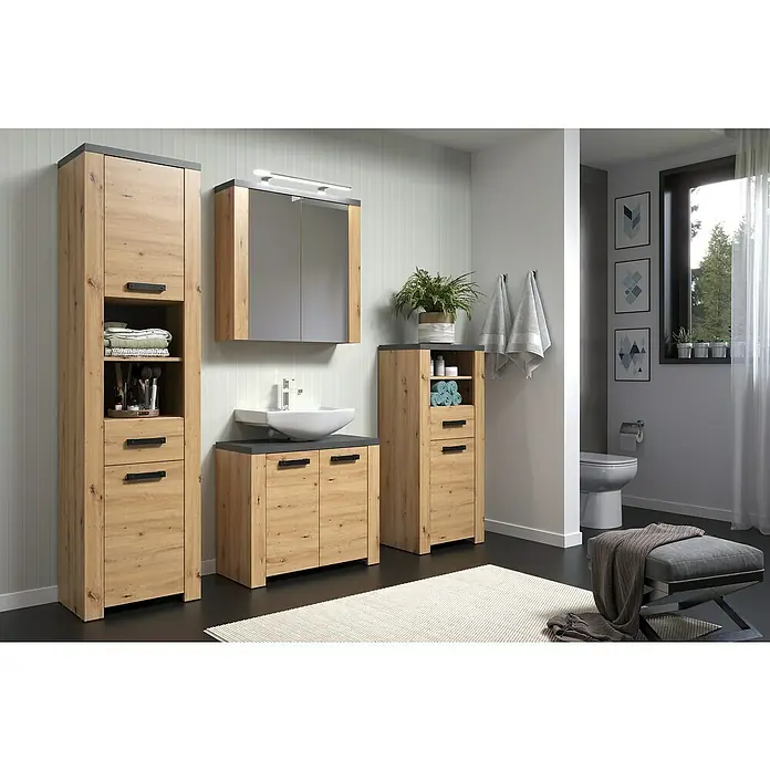 Trendteam Follow Midischrank - B x T x H: 53 x 35 x 118 cm, Artisan Eiche, Matt - Das Badezimmer-Set mit Waschtischunterschrank, Hochschrank und Spiegelschrank in Holzausführung bietet Stauraum und modernes Design.