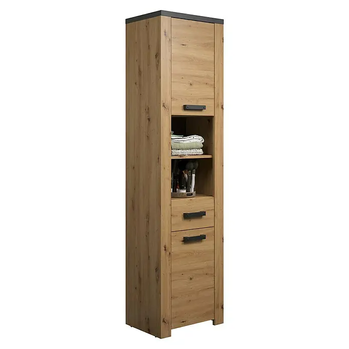 Trendteam Follow Hochschrank - B x T x H: 53 x 35 x 196 cm, Artisan Eiche, Matt - Hoher Schrank in Eichenoptik mit dunkelgrauer Platte, Tür, offenem Regal und zwei Schubladen mit schwarzen Griffen.