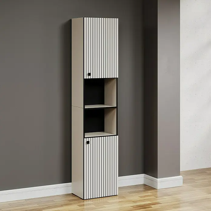 Trendteam Niklas Hochschrank - B x T x H: 40 x 31 x 186 cm, Kashmir, Strukturiert - Ein schlanker, vertikaler Schrank mit Streifendesign, der Stauraum mit offenem Regal kombiniert. Perfekt für moderne Innenräume.