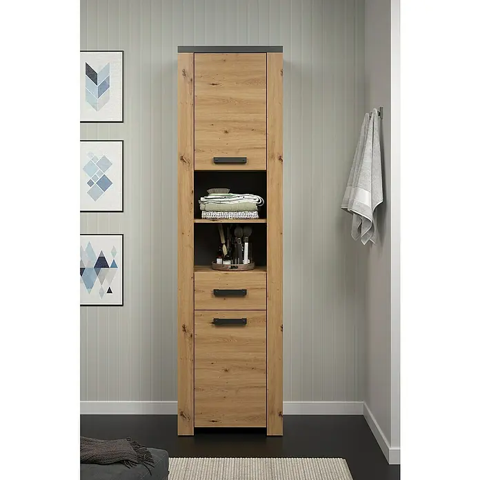 Trendteam Follow Hochschrank - B x T x H: 53 x 35 x 196 cm, Artisan Eiche, Matt - Ein hochformatiger Badezimmerschrank in Holzoptik mit Schubladen und offenem Fach zur stilvollen Aufbewahrung von Badutensilien.