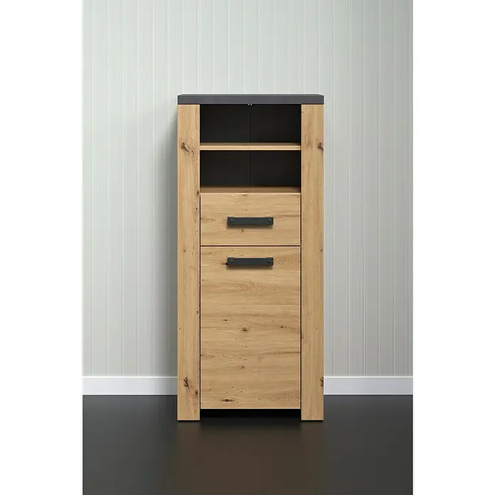 Trendteam Follow Midischrank - B x T x H: 53 x 35 x 118 cm, Artisan Eiche, Matt - Schrank aus hellem Holz mit schwarzen Akzenten. Praktisches Möbelstück mit Schubladen und offenen Regalfächern für zusätzlichen Stauraum.