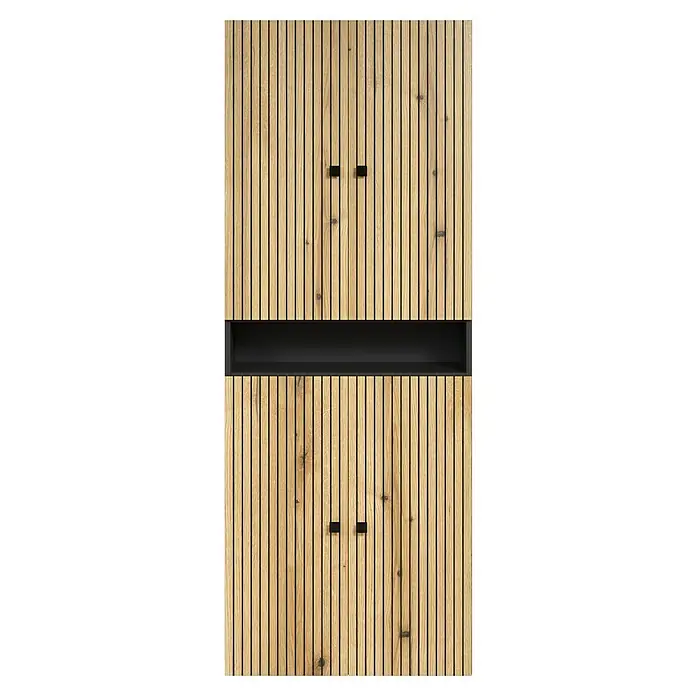 Trendteam Niklas Hochschrank - B x T x H: 70 x 31 x 186 cm, Evoke Eiche/Anthrazit, Strukturiert, Mit offenem Fach - Helles Holzlamellen-Schrank mit schwarzem Regal und Griffen.