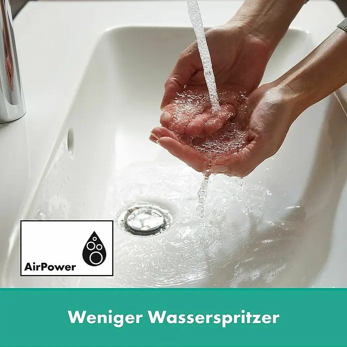 Hansgrohe Vernis Blend Waschtischarmatur - Chrom, 25 cm - Hände werden unter einem Wasserhahn mit AirPower-Technologie gewaschen, was zu weniger Wasserspritzern führt.