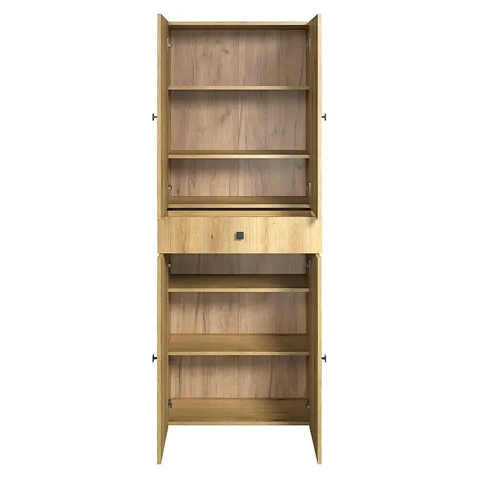 Trendteam Niklas Hochschrank - B x T x H: 70 x 31 x 186 cm, Evoke Eiche, Strukturiert, Mit Schublade - Heller Holzschrank mit offenen Türen, der interne Regale und eine zentrale Schublade zeigt.