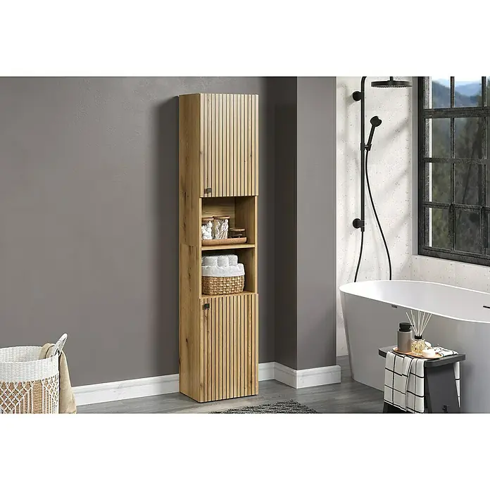 Trendteam Niklas Hochschrank - B x T x H: 40 x 31 x 186 cm, Evoke Eiche, Strukturiert - Stilvoller Badezimmerschrank aus Holz mit offenen Fächern und Türen. Praktische und ästhetische Badmöbel zur Aufbewahrung.