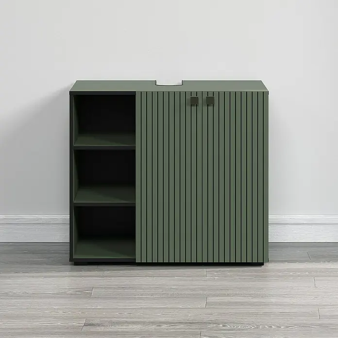 Trendteam Niklas Waschtischunterschrank - B x T x H: 90 x 53 x 79 cm, Grün, Strukturiert - Stilvoller grüner Schrank mit Lamellenfront und offenen Regalen. Perfekt für moderne Wohnräume.
