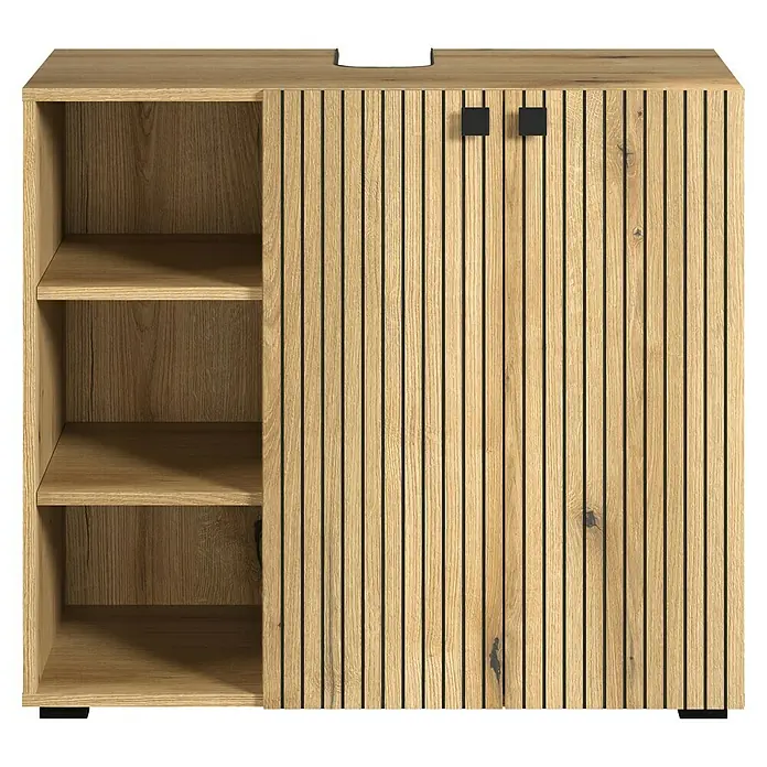 Trendteam Niklas Waschtischunterschrank - B x T x H: 90 x 53 x 79 cm, Evoke Eiche, Strukturiert - Heller Eichenholzschrank mit offenen Regalen links und einer Lamellenschiebetür rechts, schwarzen quadratischen Griffen und Füßen.