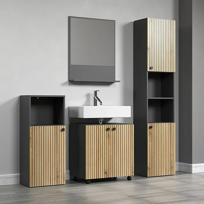Trendteam Niklas Hochschrank - B x T x H: 40 x 31 x 186 cm, Evoke Eiche/Anthrazit, Strukturiert - Modernes Badezimmer-Set mit Waschbecken, Spiegel und Schränken in Grau und Holzoptik. Stilvolles Design für Ihr Bad.