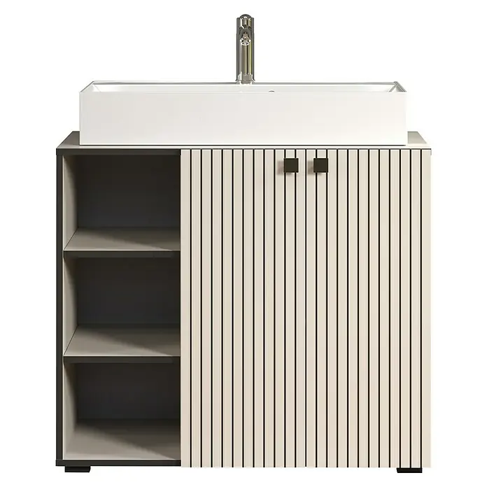 Trendteam Niklas Badmöbel-Set - 90 cm, Kashmir, Strukturiert, Breite Waschbecken: 80 cm - Badezimmermöbel mit weißem Waschbecken, silbernem Wasserhahn, offenen Regalen und Lamellenschrank mit dunklen Griffen.