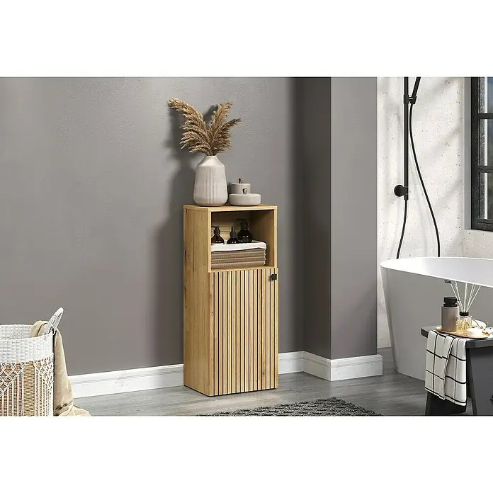 Trendteam Niklas Midischrank - B x T x H: 40 x 31 x 95 cm, Evoke Eiche, Strukturiert - Badezimmer-Eckschrank aus Holz mit Innenraum und Dekorationen auf der Oberseite, für mehr Stauraum und eine stilvolle Optik.