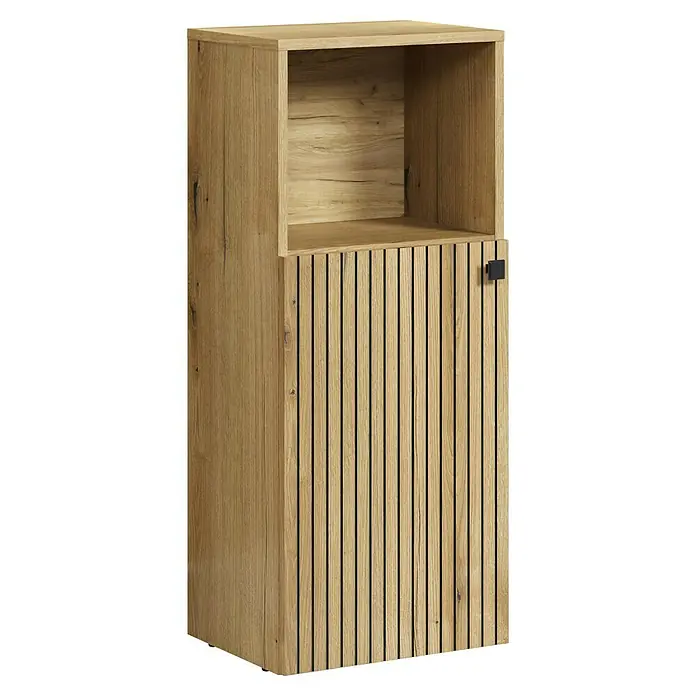 Trendteam Niklas Midischrank - B x T x H: 40 x 31 x 95 cm, Evoke Eiche, Strukturiert - Hellbrauner Holzschrank mit offenem Fach und Lamellentür mit schwarzem Griff.