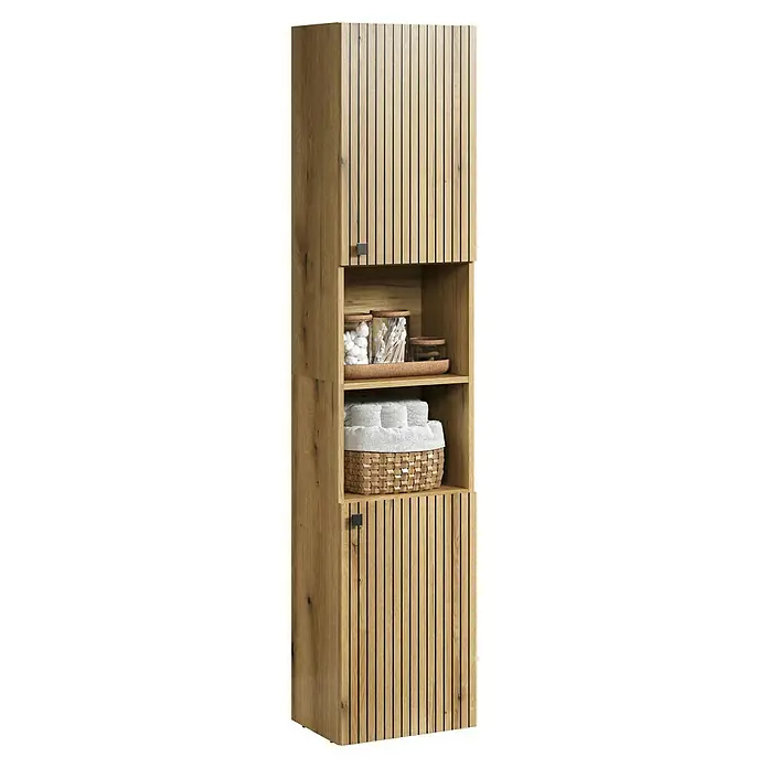 Trendteam Niklas Hochschrank - B x T x H: 40 x 31 x 186 cm, Evoke Eiche, Strukturiert - Hoher Holzschrank in heller Holzoptik mit Lamellentüren und offenen Fächern für Badutensilien.