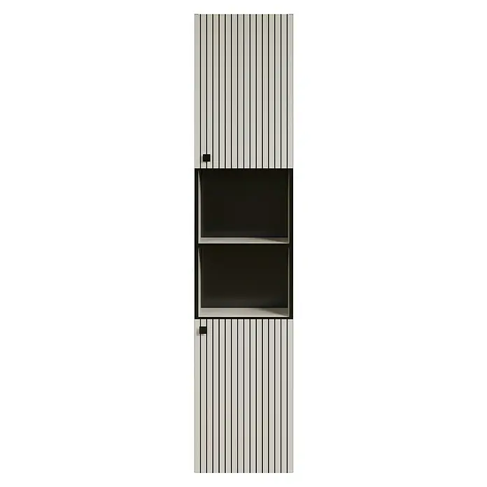 Trendteam Niklas Hochschrank - B x T x H: 40 x 31 x 186 cm, Kashmir, Strukturiert - Hellgrauer Schrank mit schwarzen vertikalen Lamellentüren und einem dunklen, offenen Regalfach in der Mitte. Mit schwarzen rechteckigen Griffen.