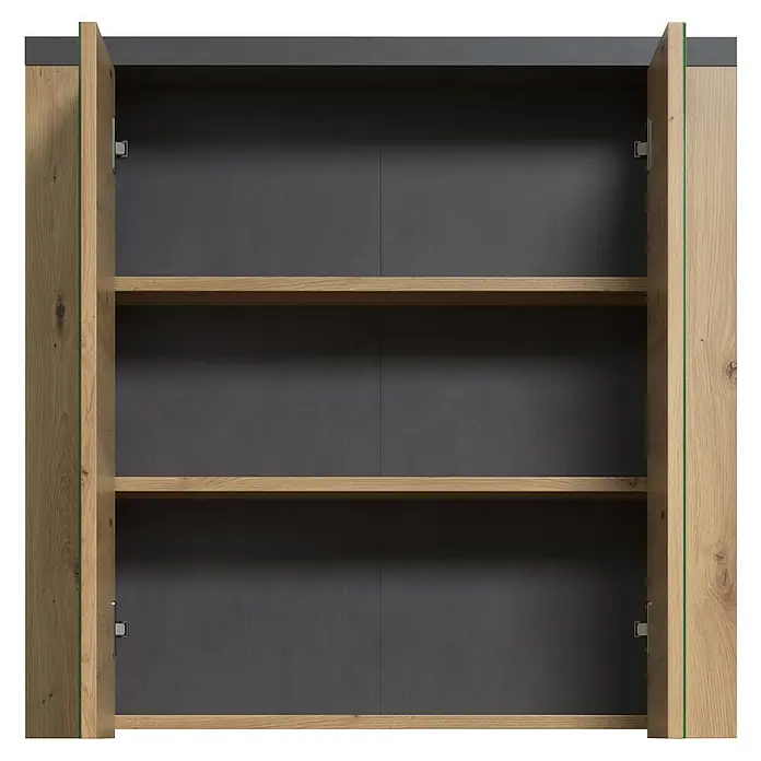 Trendteam Follow Spiegelschrank - B x H: 79 x 78 cm, Artisan Eiche - Offener Hängeschrank mit hellen Holztüren und Regalböden, grauem Innenraum und Rahmen.