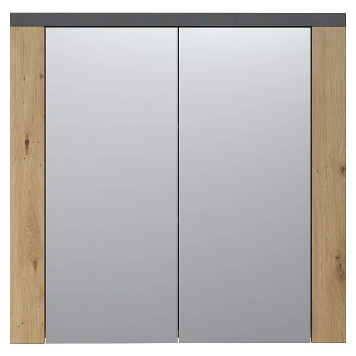 Trendteam Follow Spiegelschrank - B x H: 79 x 78 cm, Artisan Eiche - Spiegelschrank mit zwei Türen, hellen Holzseiten und dunkelgrauer Oberseite.