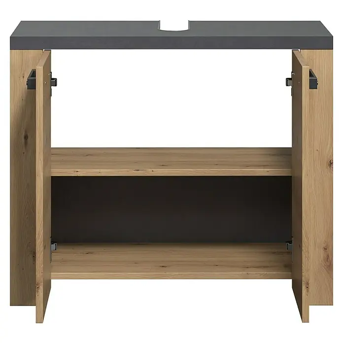 Trendteam Follow Waschtischunterschrank - B x T x H: 79 x 35 x 67 cm, Artisan Eiche, Matt - Offener Badunterschrank in heller Holzoptik mit dunkelgrauer Arbeitsplatte, zeigt zwei Ablagefächer.