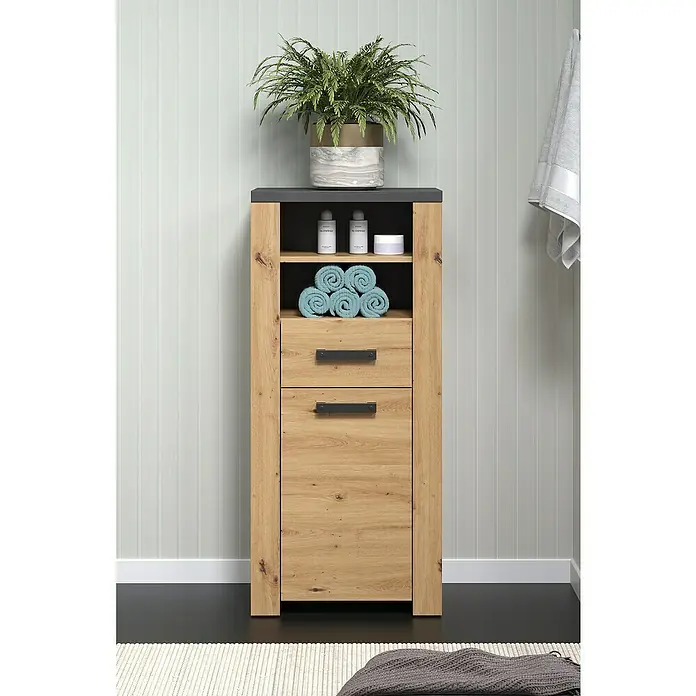 Trendteam Follow Midischrank - B x T x H: 53 x 35 x 118 cm, Artisan Eiche, Matt - Hochformatiger Badschrank aus Holz mit dunkler Arbeitsplatte, Ablagefach und Schubladen, ideal für das Badezimmer.